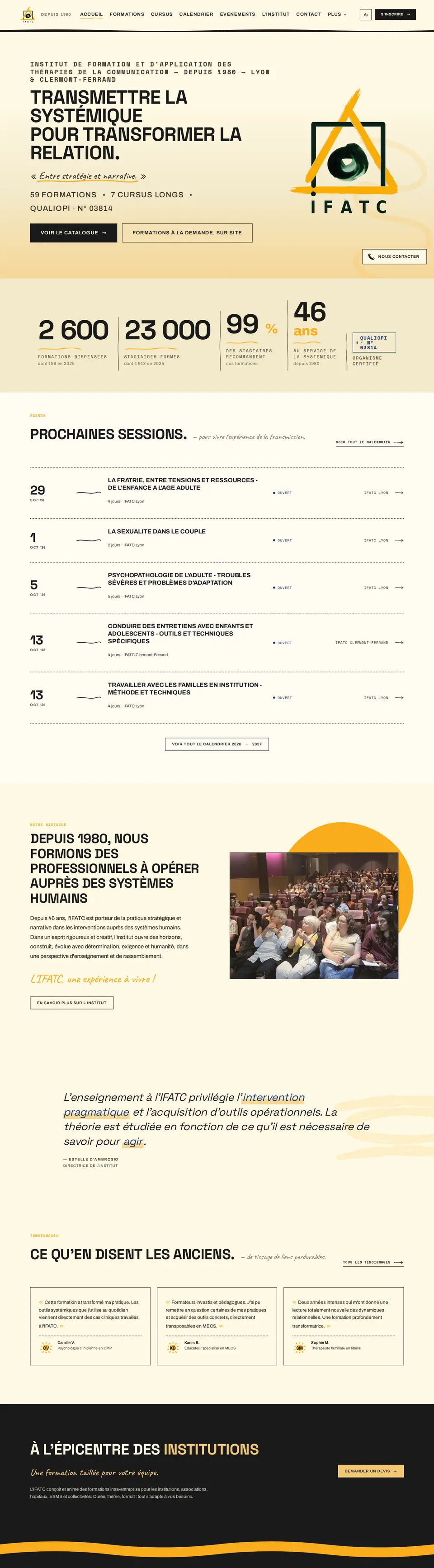 ifatc.com home page: capitalised headline, animated logo, key figures and upcoming sessions