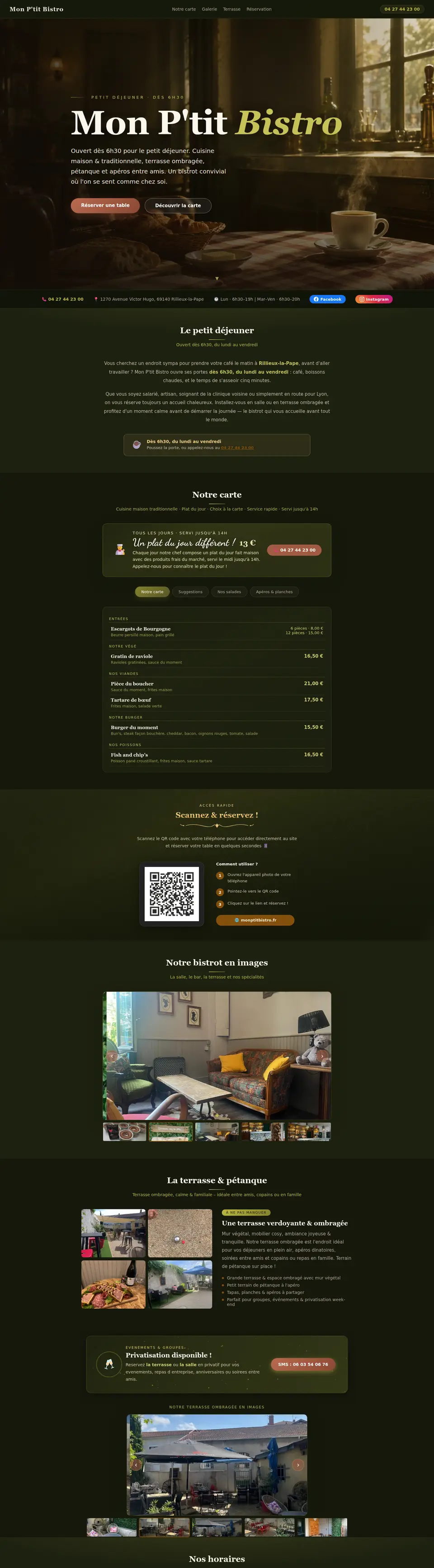 monptitbistro.fr home page: large Mon P’tit Bistro title on a dark background, breakfast, menu and terrace photos